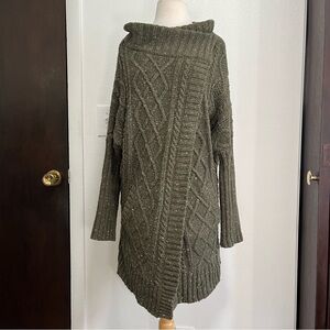 Prana Sweater Womens Small Chunky Turtleneck Cable Knit Olive Green Cardigan